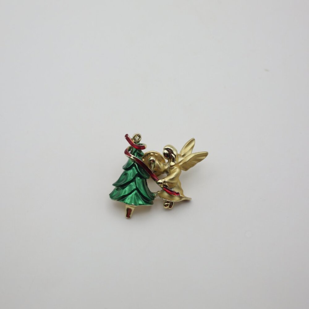 Vintage Signed Gigi Giusti Angel Christmas Tree Brooch Lapel Pin Enamel Gold